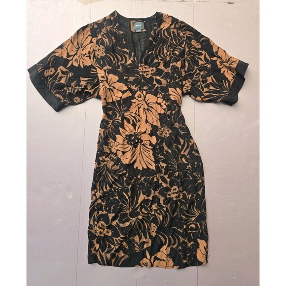 Meave Dresses & Skirts - Anthropologie Maeve Mirabilis Dress Size 0 Brown Black Floral Kimono Sleeve